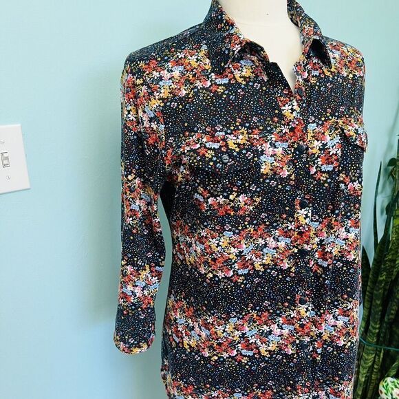 Eden & Olivia M Black Floral Flower Button Down Top Comfy Roll Up Sleeves 0767 - Picture 4 of 13